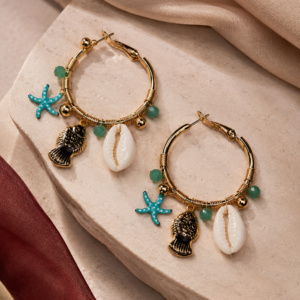 حلق معدني ذهبي بتعليقات بحرية / Gold Metal Marine Charm Hoop Earrings