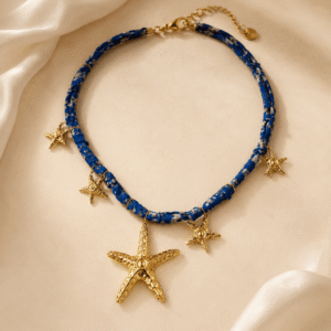 عقد قماش أزرق نجمة البحر بدلايات المعدنية / Blue Fabric Necklace with Metal Starfish Charms