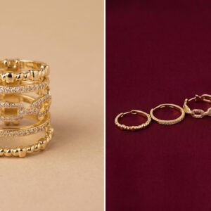 طقم خواتم ذهبي 5 قطع بثلاث تصميمات / 5-Piece Gold-Tone Ring Set