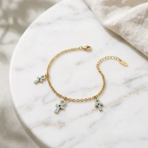 انسيال ستانلس ستيل ذهبي بدلايات مفتاح الحياة الفرعوني / Gold Stainless Steel Ankh Charm Bracelet
