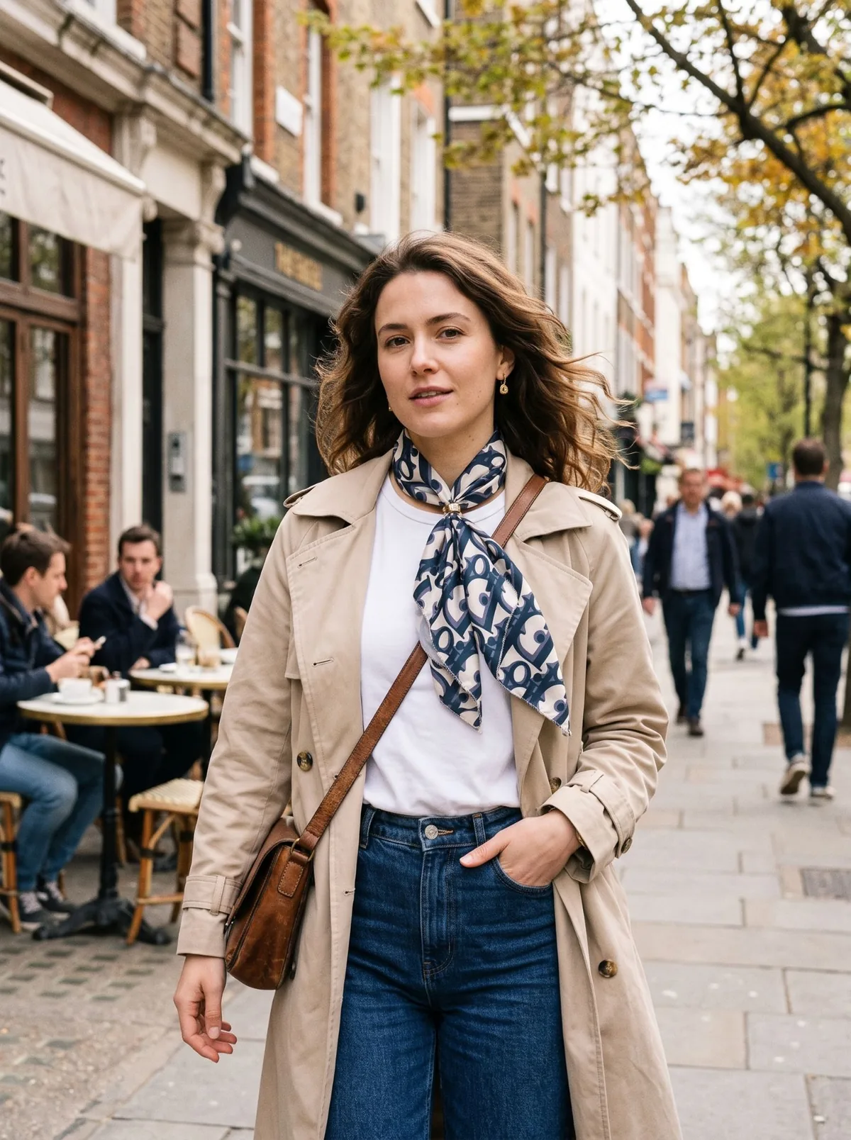 بنت لابسة اسكارف ستان كحلي وأوف وايت بحلقة ذهبية مع ترنش كوت بيج | Woman wearing navy & ivory satin scarf with gold ring and beige trench coat