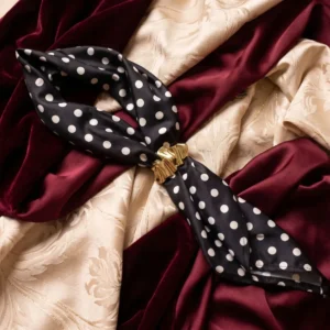اسكارف ستان منقط أسود وأبيض بحلقة ذهبية / Black & White Polka Dot Satin Scarf with Gold Ring